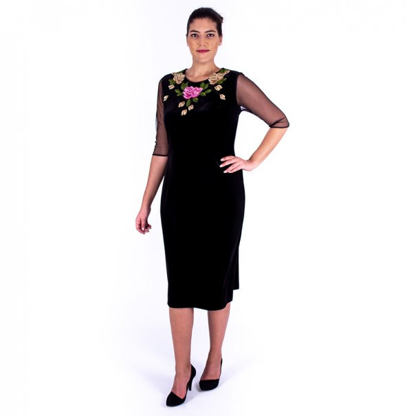 Nidya Moda Büyük Beden Kadın Siyah Gül Yaka Kadife Abiye Elbise-4125S