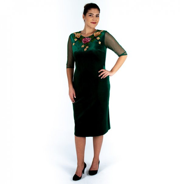 Nidya Moda Büyük Beden Kadın Yeşil Gül Yaka Kadife Abiye Elbise-4125Y
