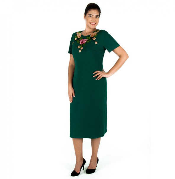 Nidya Moda Büyük Beden Kadın Yeşil Gül Yaka Abiye Elbise-4126Y