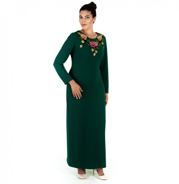 Nidya Moda Büyük Beden Kadın Yeşil Gül Yaka Uzun Abiye Elbise-4127Y