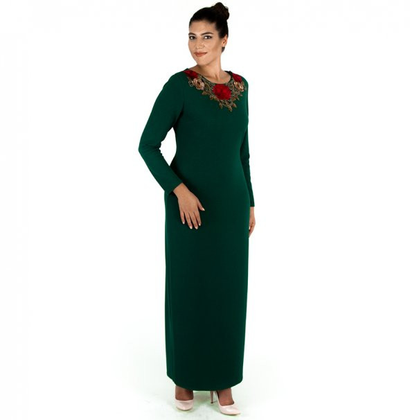 Nidya Moda Büyük Beden Kadın Yeşil Gelincik Yaka Uzun Abiye Elbise-4129Y