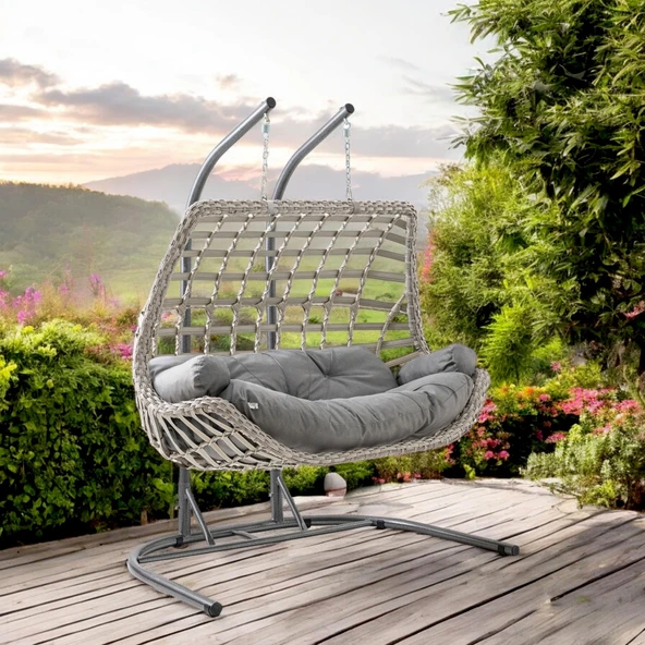 Capri Swing Cunda Çiftli Rattan Bahçe Salıncağı | Balkon Salıncağı - 11