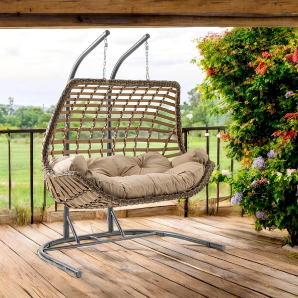 Capri Swing Cunda Çiftli Rattan Bahçe Salıncağı | Balkon Salıncağı - 7