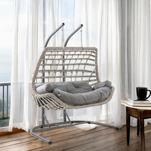 Capri Swing Cunda Çiftli Rattan Bahçe Salıncağı | Balkon Salıncağı - 12