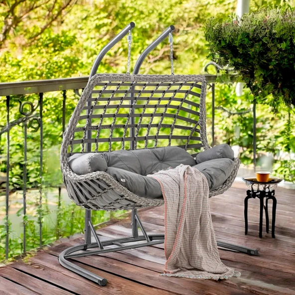 Capri Swing Cunda Çiftli Rattan Bahçe Salıncağı | Balkon Salıncağı - 3