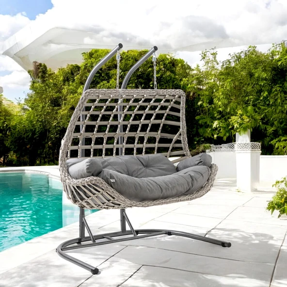 Capri Swing Cunda Çiftli Rattan Bahçe Salıncağı | Balkon Salıncağı - 10
