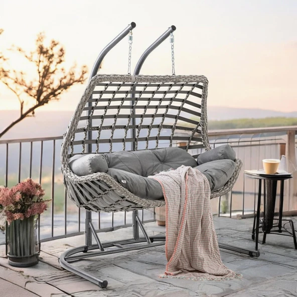 Capri Swing Cunda Çiftli Rattan Bahçe Salıncağı | Balkon Salıncağı - 4