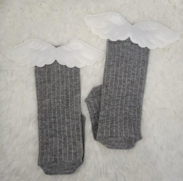 Kız Çocuk Peluş Kanatlı Diz Altı Gri Çorap
