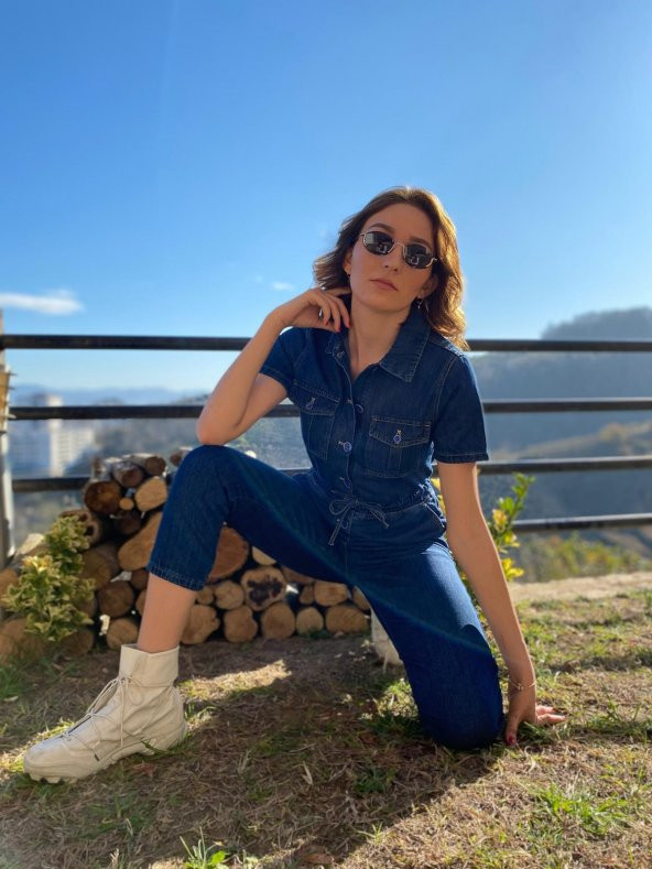 Kadın Kot Tulum Kısa Kollu Mavi - 3