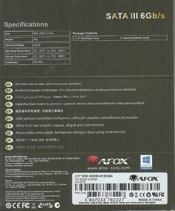 AFOX SD250-512GQN SSD 512GB 2.5'' 560-480MB/S SATA3
