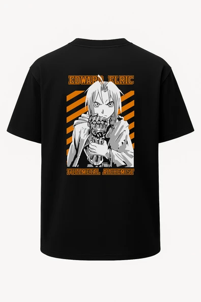 Oversize Edward Elric Fullmetal Alchemist Turuncu Baskılı Unisex Tişört Siyah