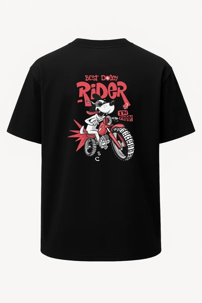 Oversize Rider Motorcu Köpek Baskılı Unisex Tişört - Resim 1