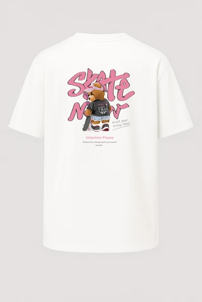 Oversize Skate Şapkalı Ayıcık Baskılı Unisex Tişört - Resim 5