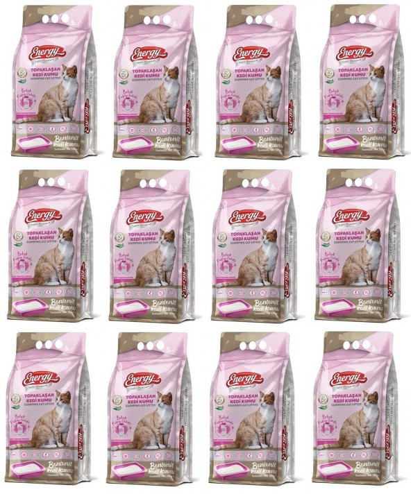Energy Bentonit Kedi Kumu Bebek Pudrası Kokulu 5 Lt - 12 Paket - Toplam 60 Lt