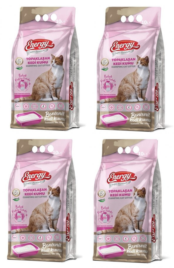 Energy Bentonit Kedi Kumu Bebek Pudrası Kokulu 10 Lt - 4 Paket - Toplam 40 Lt