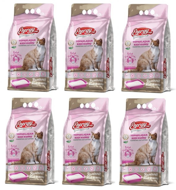 Energy Bentonit Kedi Kumu Bebek Pudrası Kokulu 10 Lt - 6 Paket - Toplam 60 Lt