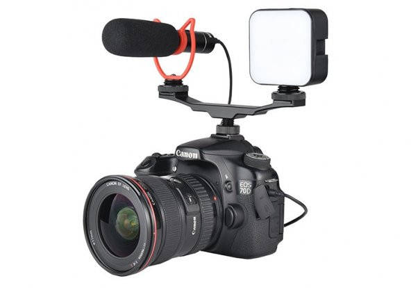 DSLR için Flaş Bracket iki Girişli Flaş, Led, Mikrofon Tutucu - 4
