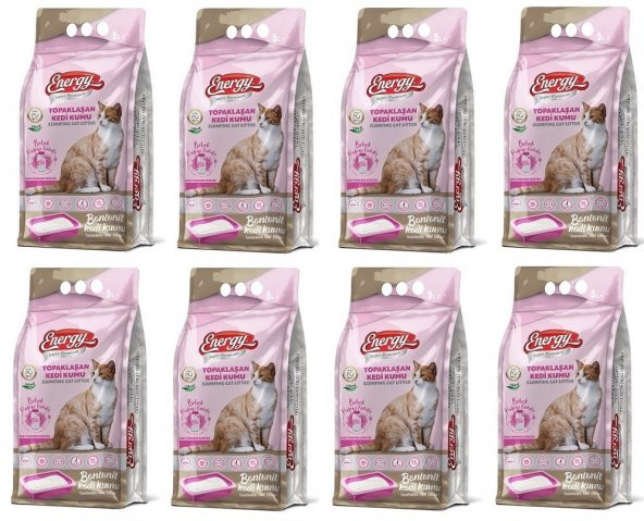 Energy Bentonit Kedi Kumu Bebek Pudrası Kokulu 10 Lt - 8 Paket - Toplam 80 Lt