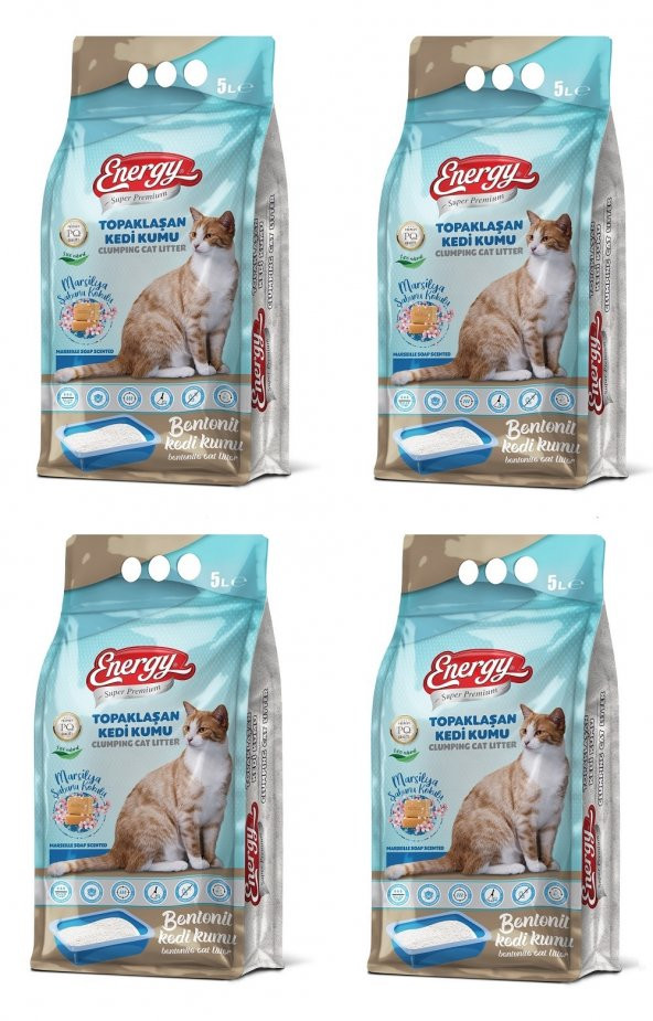 Energy Bentonit Kedi Kumu Marsilya Sabunu Kokulu 5 Lt - 4 Paket - Toplam 20 Lt