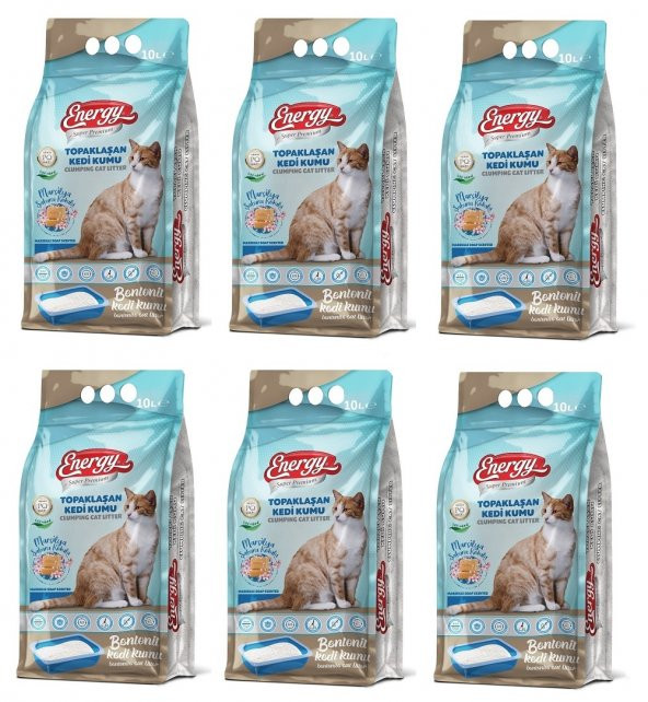 Energy Bentonit Kedi Kumu Marsilya Sabunu Kokulu 10 Lt - 6 Paket - Toplam 60 Lt