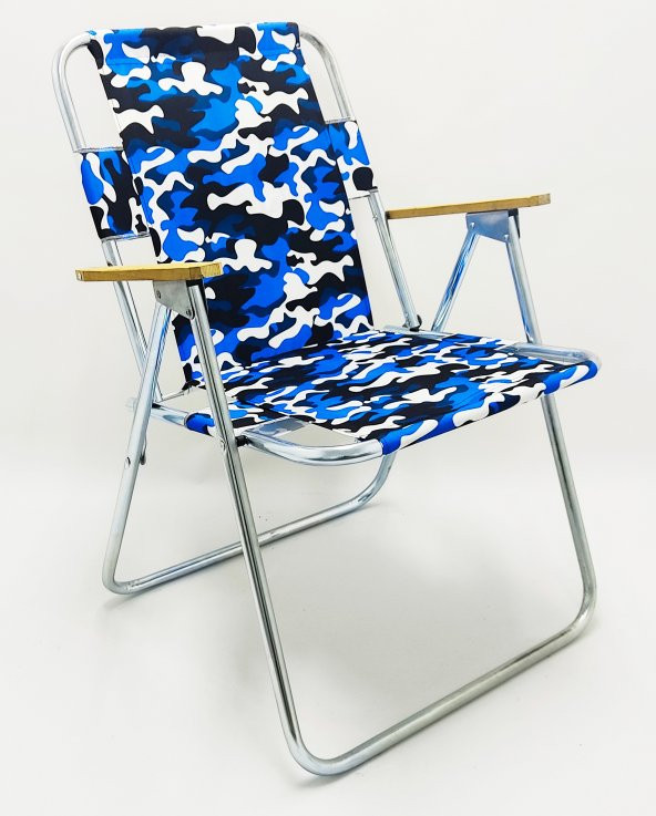 Ahşap Kolçaklı Kamp Lacivert Kamuflaj Desenli Katlanır Sandalyesi 1-M