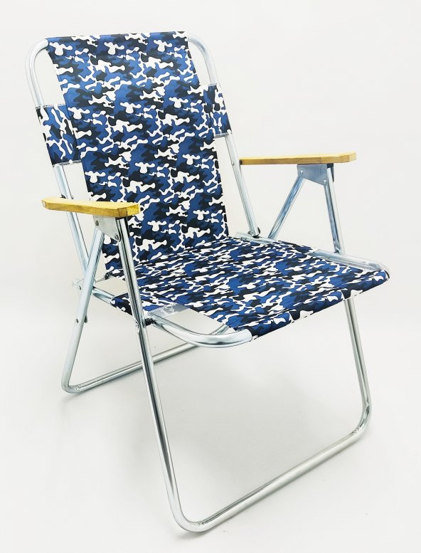 Ahşap Kolçaklı Lacivert Kamuflaj Desenli Katlanabilir Kamp Sandalyesi 2-M