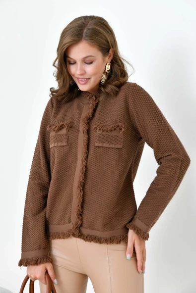 FTZ Women Kadın Sacak Detaylı Hırka  Kahve 20795 - Resim 6