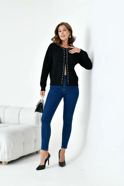 FTZ Women Kadın İnci Detaylı Hırka  Siyah 20808 - Resim 4