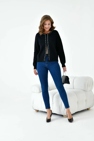 FTZ Women Kadın İnci Detaylı Hırka  Siyah 20808 - Resim 5