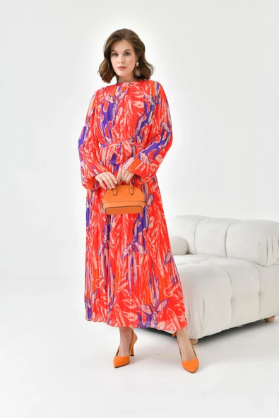 FTZ Women Kadın Desenli Pliseli Elbise  Kırmızı 30746 - Resim 4