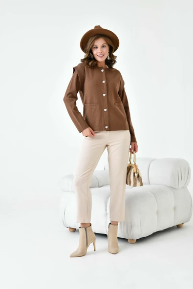 FTZ Women Kadın Kol Detaylı Hırka  Kahve 20807 - Resim 6