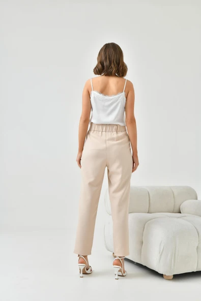 FTZ Women Kadın Lastikli Pleli Dar Paça Pantolon  Beige 30744 - Resim 7