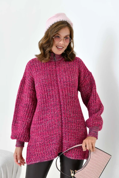 FTZ Women Kadın Degrade Fermuarlı Hırka  Fuşya 20871 - Resim 6