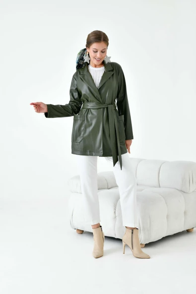 FTZ Women Kadın Deri Ceket  Haki 30917 - Resim 2