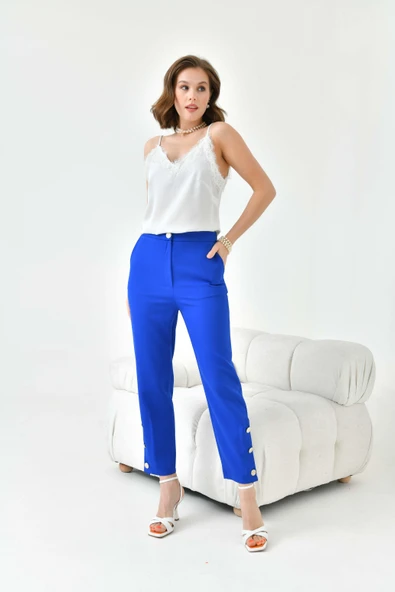 FTZ Women Kadın Dar Paça Düğmeli Pantolon  Saks Mavi 30779 - Resim 6