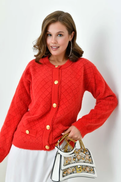 FTZ Women Kadın Gold Düğme Detalı Hırka  Kırmızı 20700 - Resim 3