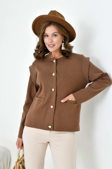 FTZ Women Kadın Kol Detaylı Hırka  Kahve 20807 - Resim 2