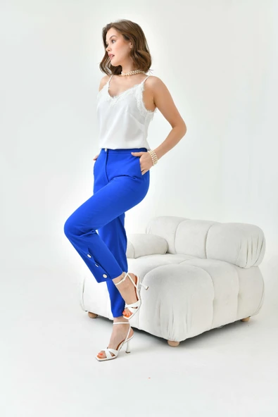 FTZ Women Kadın Dar Paça Düğmeli Pantolon  Saks Mavi 30779 - Resim 3
