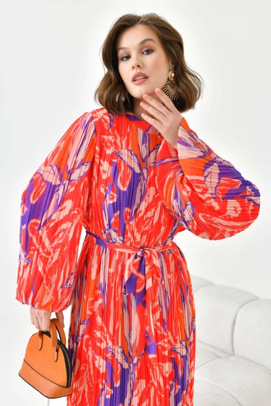 FTZ Women Kadın Desenli Pliseli Elbise  Kırmızı 30746 - Resim 3