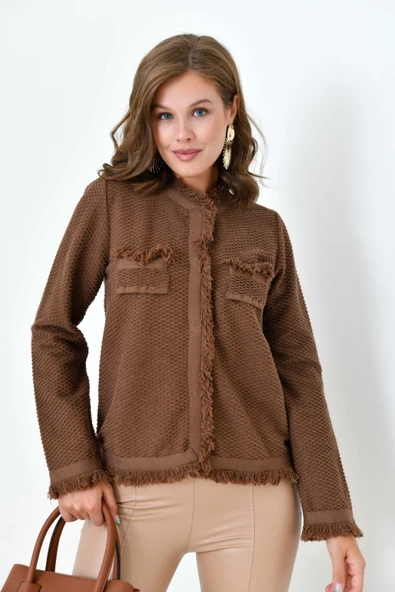 FTZ Women Kadın Sacak Detaylı Hırka  Kahve 20795 - Resim 4