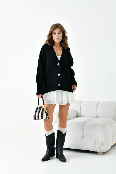 FTZ Women Kadın Kol Detaylı Hırka  Siyah 20826 - Resim 5