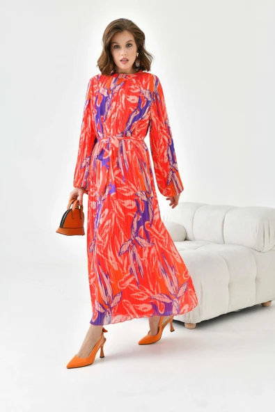 FTZ Women Kadın Desenli Pliseli Elbise  Kırmızı 30746 - Resim 2