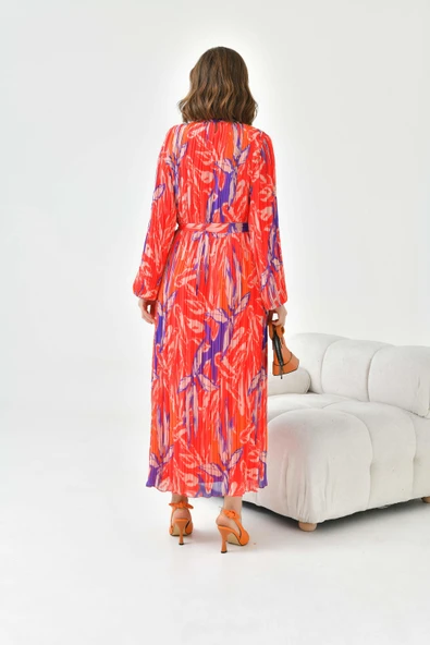 FTZ Women Kadın Desenli Pliseli Elbise  Kırmızı 30746 - Resim 7