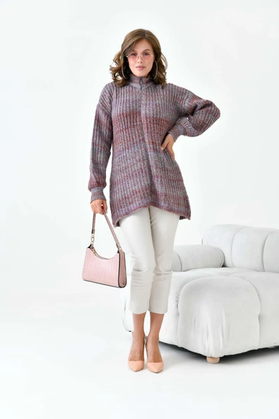 FTZ Women Kadın Degrade Fermuarlı Hırka  Kiremit 20871 - Resim 6