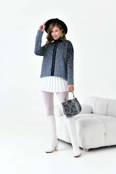 FTZ Women Kadın Fermuar Detaylı Hırka  Gri Siyah 20870 - Resim 6