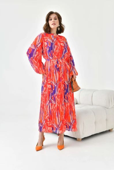 FTZ Women Kadın Desenli Pliseli Elbise  Kırmızı 30746 - Resim 6