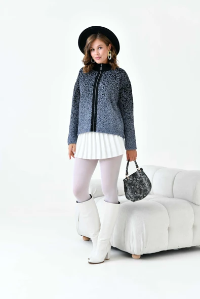 FTZ Women Kadın Fermuar Detaylı Hırka  Gri Siyah 20870 - Resim 4