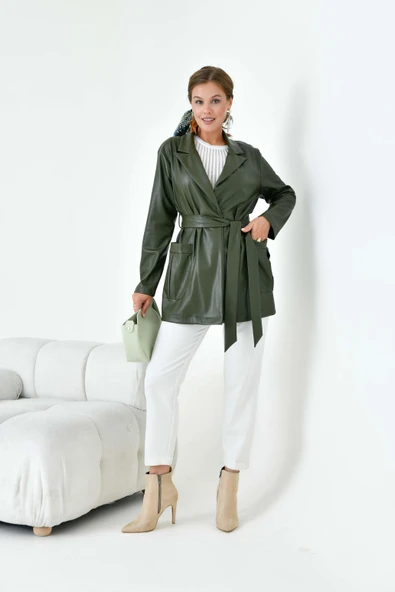 FTZ Women Kadın Deri Ceket  Haki 30917 - Resim 5