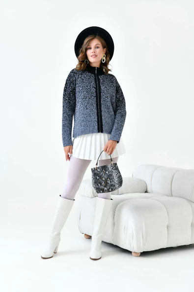 FTZ Women Kadın Fermuar Detaylı Hırka  Gri Siyah 20870 - Resim 5