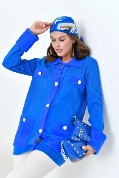 FTZ Women Kadın Pile Detaylı Hırka  Saks Mavi 20714 - Resim 4